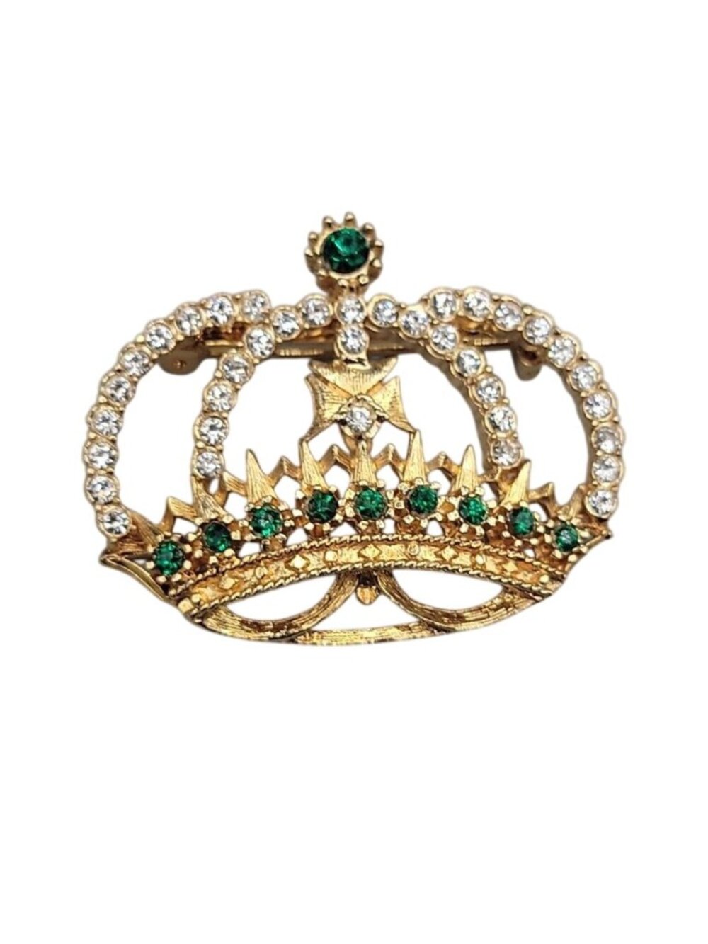 Vintage Crystal Jeweled Crown Brooch Pin Gold Tone Green Clear Rhinestones